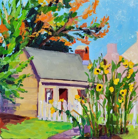 four impressionistic paintings by Kate Mundie of historic buildings in Dover Delaware.