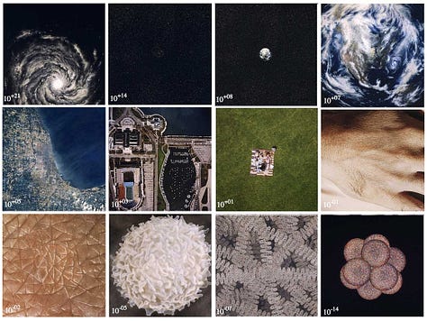 A grid of six images showing scenes from the "Powers of Ten" film. Top row, left to right: A close-up of two people lying on a picnic blanket with various items around them; a more zoomed-out view showing them as a small spot on a large expanse of grass; and a view of Earth from space. Bottom row, left to right: a sequence of images showing views at different scales, starting from Earth and zooming in closer until individual objects and patterns appear; a close-up of a man lying on the picnic blanket; and the title screen reading "Powers of Ten."