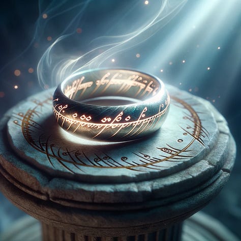 Lord of the Rings styled Elven ring on a pedestal with ethereal glow.