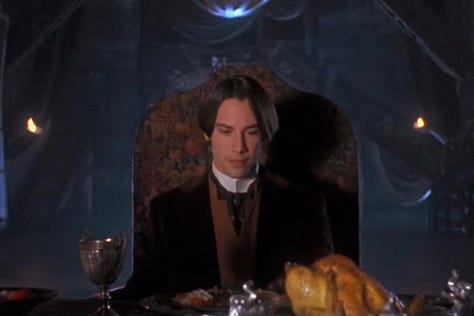 Shots from Bram Stoker's Dracula (1992) directed by Francis Ford Coppola, including the dinner scene with Keanu Reeves and Gary Oldman