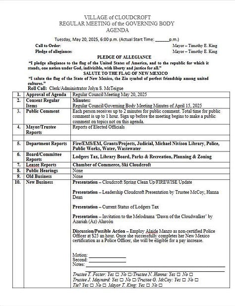 Cloudcroft Council Meeting Agenda