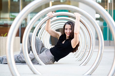 Images of Sharna Fabiano teaching tango, and two of her posing outside.