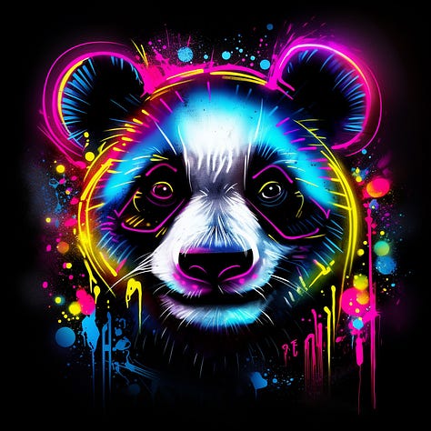 Different looks of "blacklight panda" by using different tuned styles in Midjourney