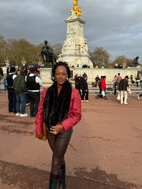 The images show the author, Bernette, at Buckingham Palace, with Big Ben in background, next to a red phone booth, and holding a cup of tea while seated. Photos are taken in London, England.