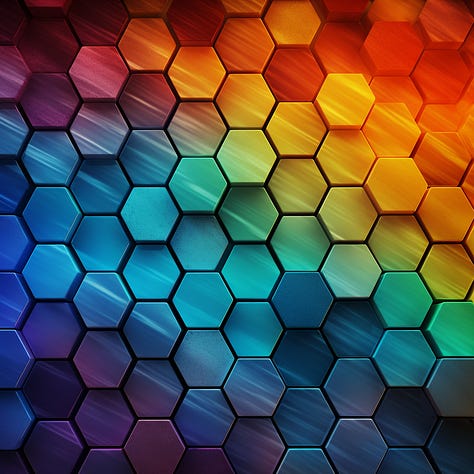 Neon bubbles, brown leather, rainbow hexagons