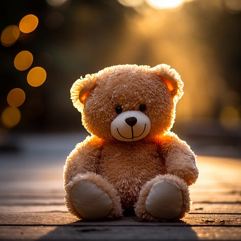 Photo of a woman, teddy bear, and rose, backlit