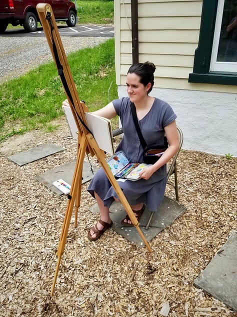 Three photos of artists sketching in a rural setting outdoors. Two areas working on a lapboard, and one is using an upright easel.