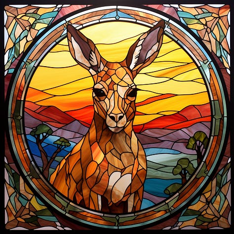 Stained glass flower / kangaroo / train prompt in MJ