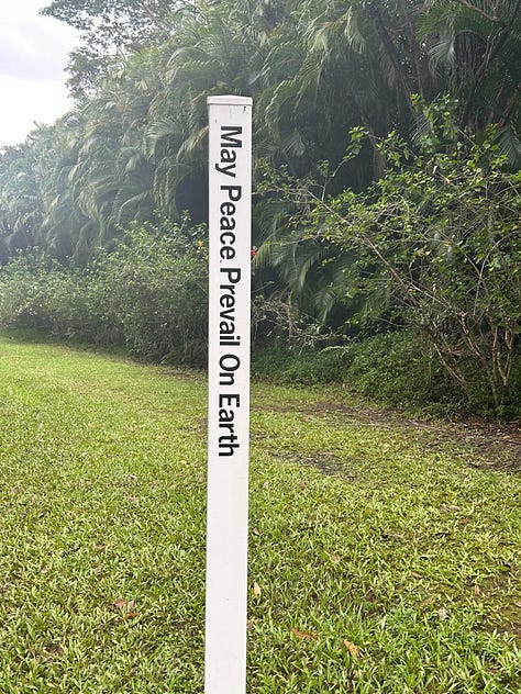 A white stick with Hawaiian on one side and English on another with the message "May Peace Prevail on Earth". The image in the center is of a stone buddha statue overlooking a ravine of tropical plants.