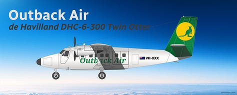 The current Outback Air fleet: 1) Aria V42qc Quick Change Combi, 2) Bombardier DHC-8 Q400QCC Combi, 3) Bombardier DHC-8 Q200, 4) Cessna 208B Grand Caravan, 5) Daher Kodiak 900, and 6) de Havilland Canada DHC-6-300 Twin Otter - all shown in side view.