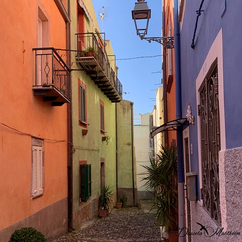 Houses in orange green lilac blue