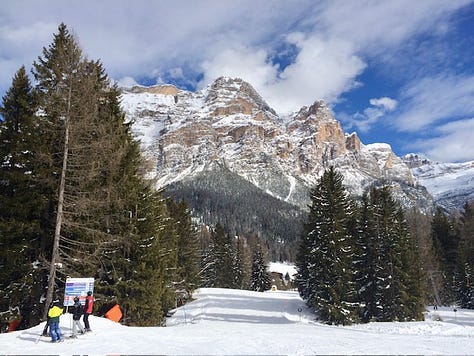 Top L: the road down the Stelvio Pass, cows in a summer Alpine snow storm, wildflowers in Valemalenco, bed stones warming on the fire at a rifugio, spying a stambeco (mountain goat) on a high ridge at 3000m+, skiing in Bormio, snow like thick icing in Madesimo, Alpine peaks and piste Madesimo, me with a hot bedstone to warm my feet 