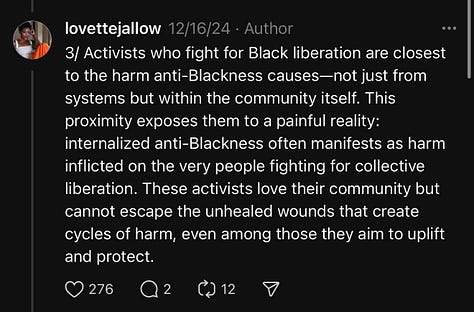A visual thread by Lovette Jallow exploring why many Black activists, including Nikki Giovanni, have chosen non-Black partners for emotional survival. The thread discusses the unseen burdens of activism, internal community harm, Nikki Giovanni’s conversation with James Baldwin, and the ongoing pursuit of Black love rooted in healing. The final image honors Nikki Giovanni and her partner, celebrating survival, love, and resistance.