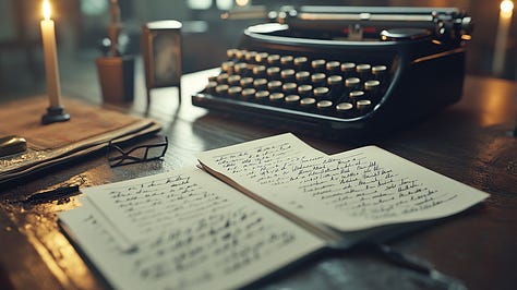 A still life of a typewriter with handwritten notes, portrayed through a Polaroid emulsion lift on aged canvas, with visible brush strokes and faded sepia lighting.