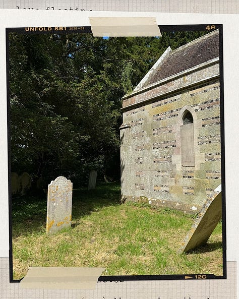 The images feature the outside of a derelict church and weathered gravestones in the grass, evoking a sense of tranquility and reflection on life.