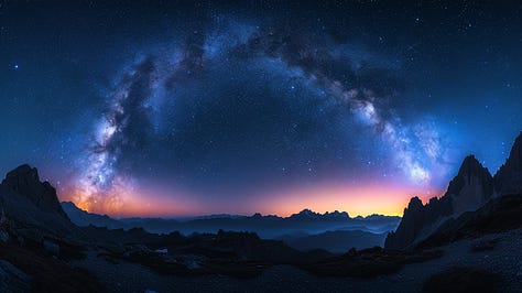 Extreme long exposure of starry night sky, Milky Way arching over silhouetted mountains