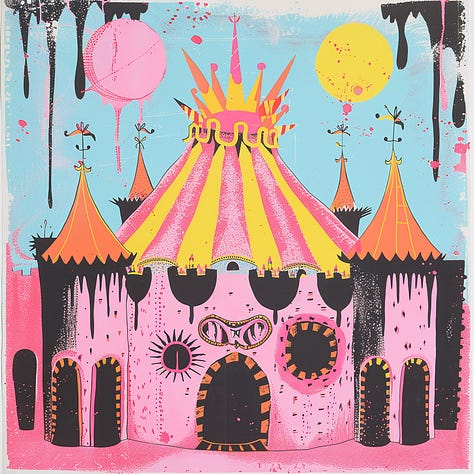 Asteroid, circus, telephone risograph print by Midjourney