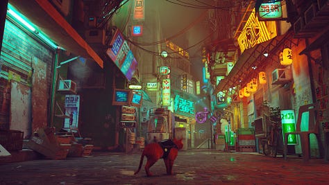 Screenshots from the video game Stray