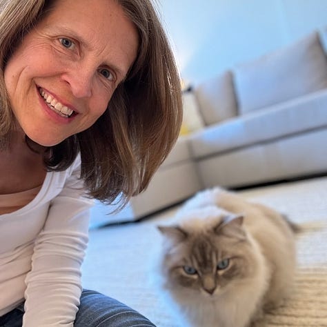 A collage of photos a woman and her two cats, one white and the other tabby