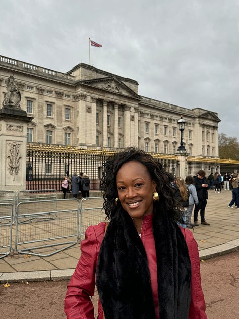 The images show the author, Bernette, at Buckingham Palace, with Big Ben in background, next to a red phone booth, and holding a cup of tea while seated. Photos are taken in London, England.