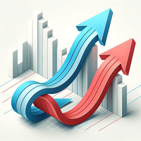 1. A 3D illustration of a blue upward arrow smoothly navigating above a series of vertical bars, representing growth or progress on a grid background. 2. A 3D illustration showing two intertwined arrows in shades of blue and red, rising above a collection of vertical bars, symbolizing interconnected growth or trends. 3. A dynamic 3D depiction of multiple wavy arrows, primarily in blue and red tones, weaving in and out of vertical bars, surrounded by smaller arrows and indicators, suggesting complex growth patterns or multiple directions.