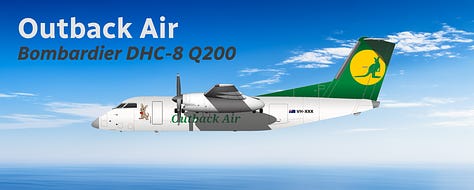 The current Outback Air fleet: 1) Bombardier DHC-8 Q400QCC Combi; 2) Bombardier DHC-8 Q200, 3) Cessna 208B Grand Caravan; 4) Daher Kodiak 900; 5) de Havilland Canada DHC-6-300 Twin Otter. 