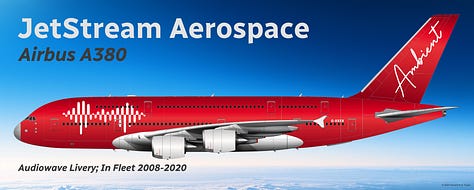 A selection of former Ambient fleet aircraft: 1) Airbus A340-300 (Silver Band); 2) Airbus A380 (Audiowave); 3) Boeing 747-200 (Silver Band); 4) Boeing 747-400ER (Silver Band); and 5) Boeing 747-8 Intercontinental (Audiowave) - all shown in side view. 