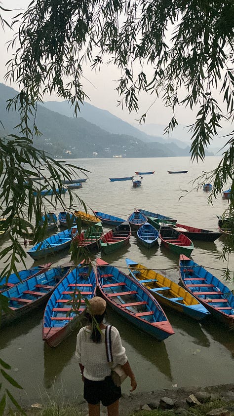 various cities, buildings, hills, lakes with boats, wild rivers, a stupa, the countryside, and the "view" of the Annapurna mountain range