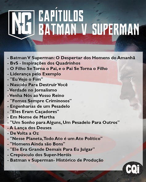 Lista de capítulos do livro NOVA GENESIS de Diogo Oliveira, da Editora CQI, livro nacional sobre o Snyderverse e o DCEU.