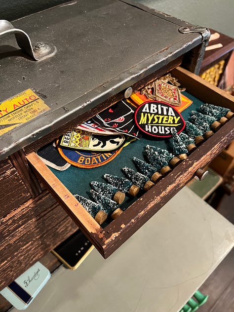 A child looking at a drawer of googly eyes; a drawer full of tiny flocked pine trees and old patches, a hand holding a string of purple vintage sequins.