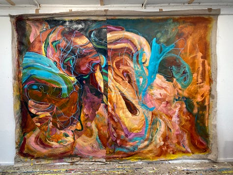 A large colorful oil painting cut apart and sewn back together both before and after the painting.