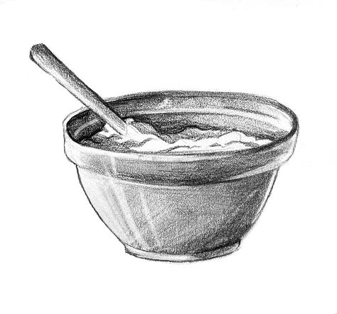 Black and white sketches of baking ingredients, a mixing bowl with a spoon, and a bag of cookies with a gift tag