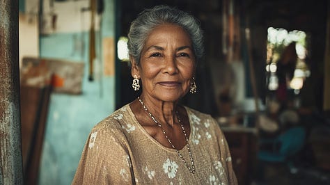 Portrait of an elderly woman with a warm smile, captured in a Polaroid emulsion lift style, highlighting handcrafted textures and muted pastel tones.