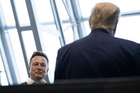 Left: Donald Trump during a Q&A session at the National Association of Black Journalists' yearly convention in Chicago, Illinois, on July 31, 2024. Photo: Scott Olson/Getty Images. Center: Crowd size graphic, Detroit News. Photo: Carolos Osario/AP. Right: Elon Musk with President Donald Trump in Cape Canaveral, Fla., in 2020. Photo: Alex Brandon/AP.