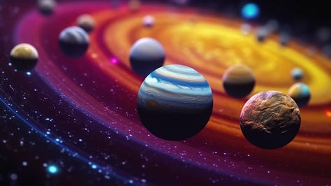 Planets for a solar system in space photo, in the style of colorful futurism, realistic perspective, accurate topography, multiple filter effect, metallic rotation, multilayered, circular shapes