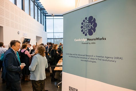 1. A photo of a sign saying 'Cambridge Neuroworks, Powered by ARIA, Cambridge and the Advanced Research + Invention Agency (ARIA). Accelerating the translation of ideas to find revolutionary neurotechnologies. There are people mingling in the background of the image. 3. A photo of a person presenting to a room full of people, there is a screen in the background saying 'Powered by ARIA' and the Fifty Years logo on it. 4. A photo of people mingling at an event. In the background there is a large vinyl decal saying 'Hello brain!' 5. A room full of people listening to someone speak (off camera) at a Pillar VC event. 6. A person presenting to a room of people. 