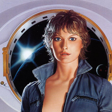 LEFT: Detail from FRIDAY featuring a woman standing in front of a gold trimmed porthole that looks out on space. The zipper of her jumpsuit is pulled down to her waist exposing skin and a hint of her breast. CENTER: Close detail featuring Friday staring directly at the viewer with blue eyes, prominent and glossy as they reflect the light. The collar of her denim jumpsuit is flipped up. The zipper pulls on her chest pockets have tipped ends that make them look phallic. Over her left shoulder glows the crescent of a moon. Red patterns, a sign of civilization, shine on the dark face RIGHT: Rough color concept featuring Friday in the pose for the cover painting. The egg shaped viewport is defined. Her wardrobe lacks the zipper pulls. A circle of light emerges from behind the planet over her right shoulder, but there is no moon over her left.