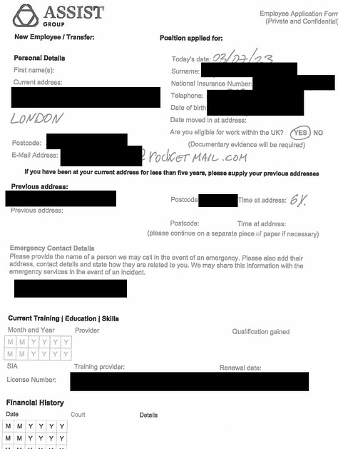 The images show redacted examples of a Assist Security guard application and a site induction report for a Versace store in London.