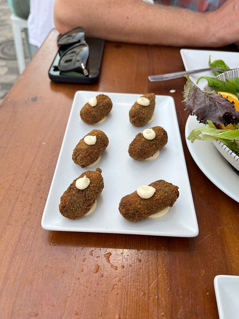 Tuna toast and cuttlefish croquettes, Tarifa, Spain.