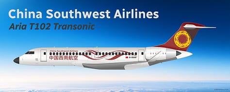 The current China Southwest Airlines fleet: 1) Comac C919, 2) Airbus A321LR, 3) Airbus A320neo, 4) Airbus A320-200, 5) Aria T102 Transonic, 6) Airbus A319-100.