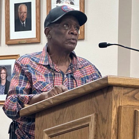 Andrew Fulbright, Joseph Carder, Alice Lawson, April Ramirez, Veno Nathraj and Sandy Smith address the Twentynine Palms City Council during public comment on August 8, 2023  