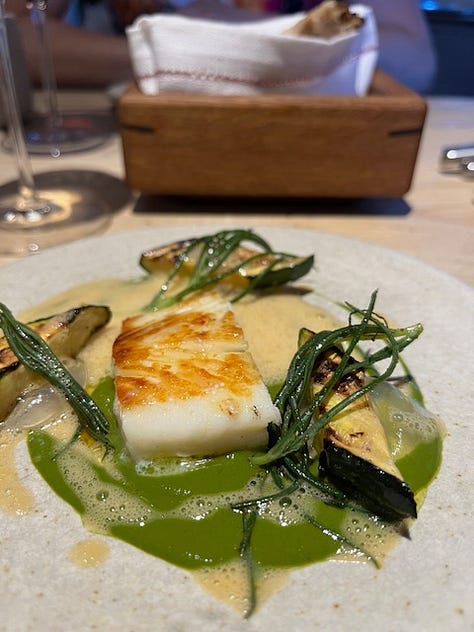 Images from inside The Small Holding with our menu, and example dishes, Halibut, Courgette & Basil (centre, bottom row); Garden Berries and Herbs (left bottom), and Scallop, Kohlrabi and Elderflower (right, centre) © The Lemon Grove