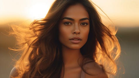 Portrait of a caramel skin toned woman with straight flowing, shoulder length hair, gazing at the camera in a moment of tenderness, golden hour, natural lightning