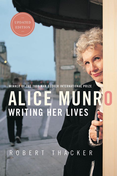 Covers of Robert Thacker books about Alice Munro. See links in text. Photo of Robert Thacker smiling beside a tree wearing a dark jacket, white shirt, and red tie.