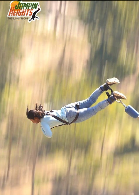 Jumping off a bungy, photos of the author in mid-air. 