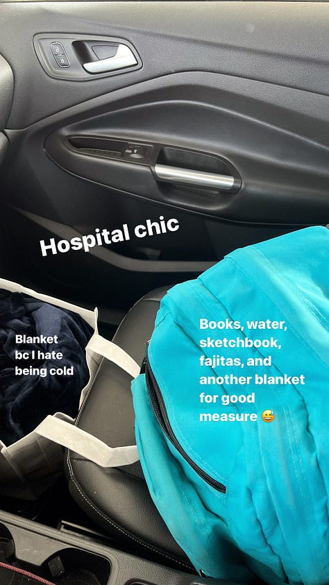 A selfie of the artist, a Black woman with glasses and short curly hair. A sticker on the mirror says "YOU CUTE". She wears a green mask and a rainbow sweatshirt. The second photo are freshly fired good ring holders and two pinch bowls. The last photo is the backpack of books and blankets I took to sleep at the hospital.