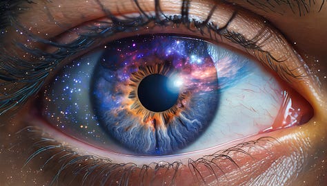 Several photos of an eye with the universe reflected, a woman at a parade, tattoos and hands holding a flower