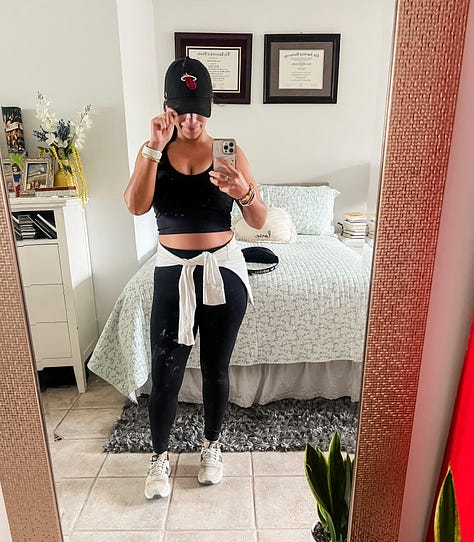 Photo of a lush tropical garden in front of a building, selfie photo of a woman and her dog, mirror selfie of a woman touching her baseball cap with the Miami Heat basketball logo, selfie of a woman smiling