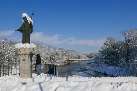 Snowy photos of the German town of Freising, with trees covered in snow and people sledging