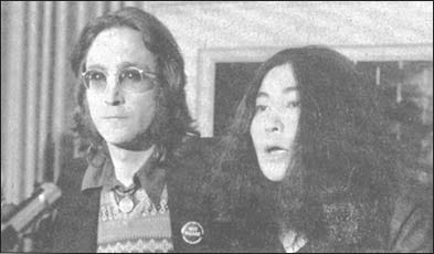 two photos of John Lennon and Yoko Ono; front page of a newspaper